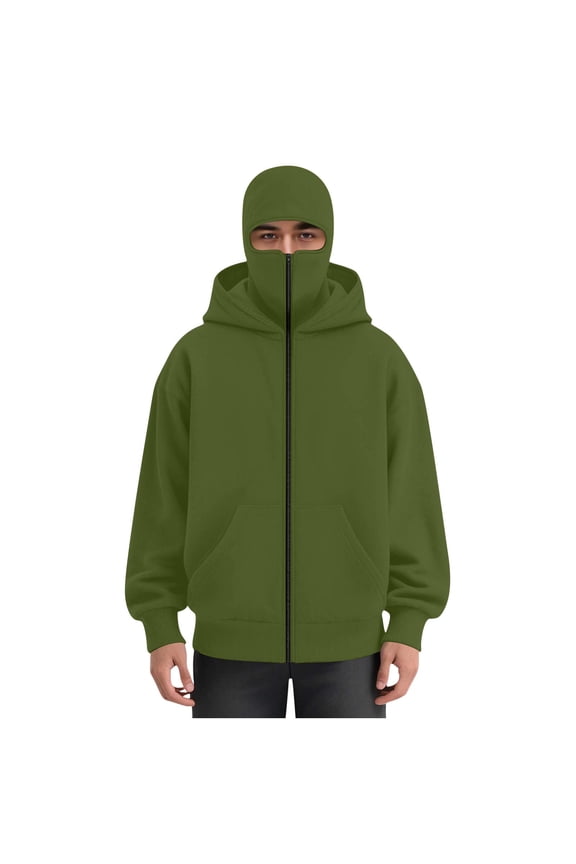 Men's Balaclava Hoodie with Face Mask Zip Up Ski Jacket Double Hooded Sweatshirt Windproof Athletic Coat