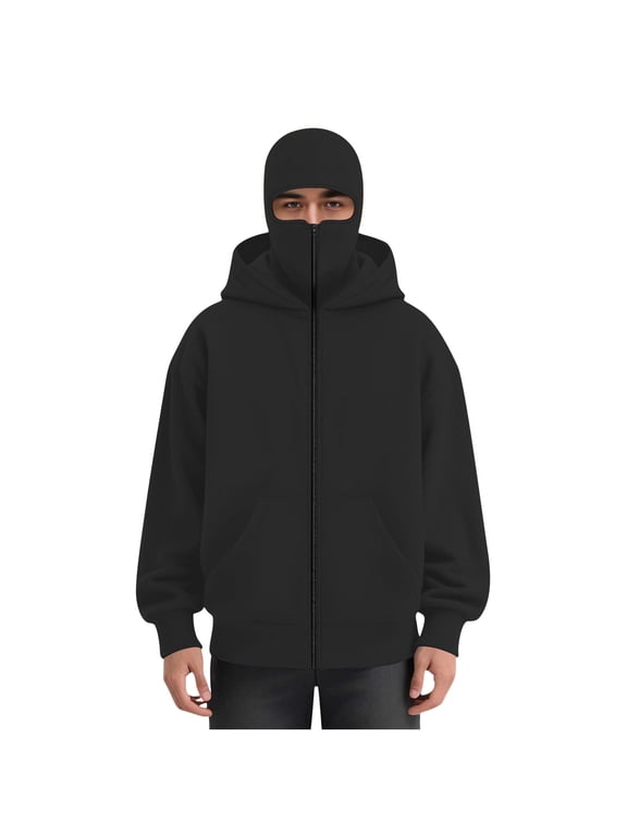 Men's Balaclava Hoodie with Face Mask Zip Up Ski Jacket Double Hooded Sweatshirt Windproof Athletic Coat