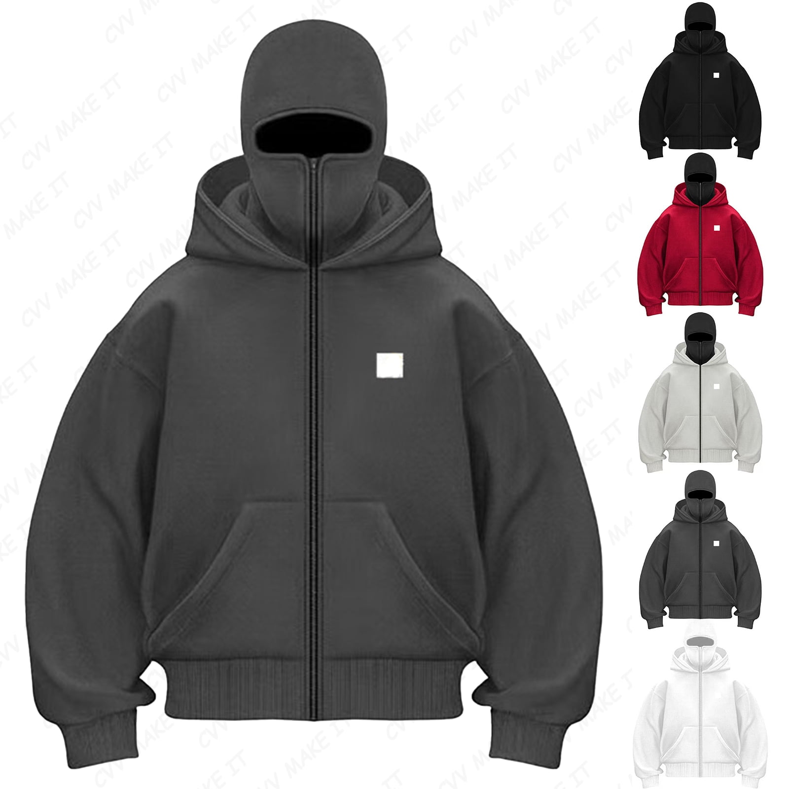 Men's Balaclava Zip Hoodie Full-Zip with Warm Face Mask Zip Jacket