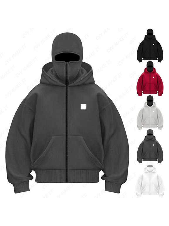Men's Balaclava Zip Hoodie Full-Zip with Warm Face Mask Zip Jacket Balaclava Ninja Double Hood Hooded Sweatshirt Wind Resistant Warm Sports Casual Bicycle Streetwear for Men and Women,Gray 2XL