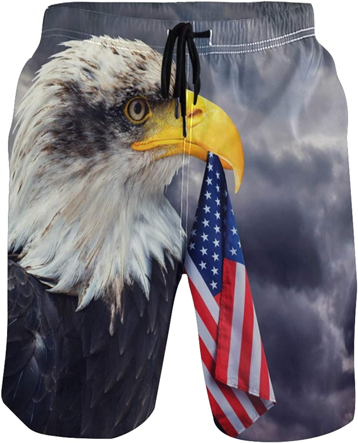 Men s Bald Eagle Holds American Flag Swim Trunks Classic Board Shorts with Pockets S 3XL