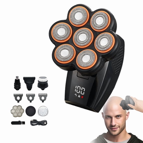 Men's Bald Head Shaver with 7-Blade High-Performance System, Waterproof Wet/Dry Use, Fast-Charging Kit with LED Display, Nose Hair Trimmer, Facial Cleansing Brush, and Hair Clipper