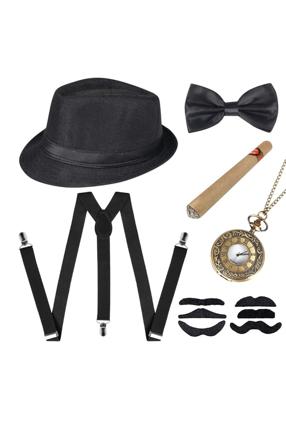 Men's Ball Party Gangster Dress Up Hairy Herringbone Hat Strap Tie Fake Cigar Pocket Watch Beard Set High Elasticity Adjustable Y-Shaped Suspenders Made Of Fiber And