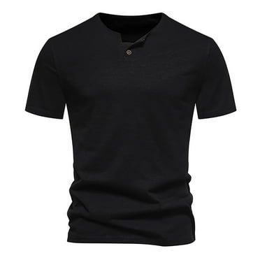 Men's Bamboo T Shirts One-button Crewneck Top Short Sleeve Base Undershirt Tee Shirts Workout Tshirts (M, Black)
