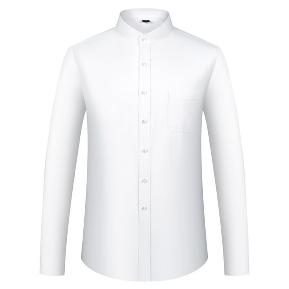 Men's Banded Collar Dress Shirts Long Sleeve Button Down Mandarin Collar Versatile Shirt Solid Shirt with Pocket