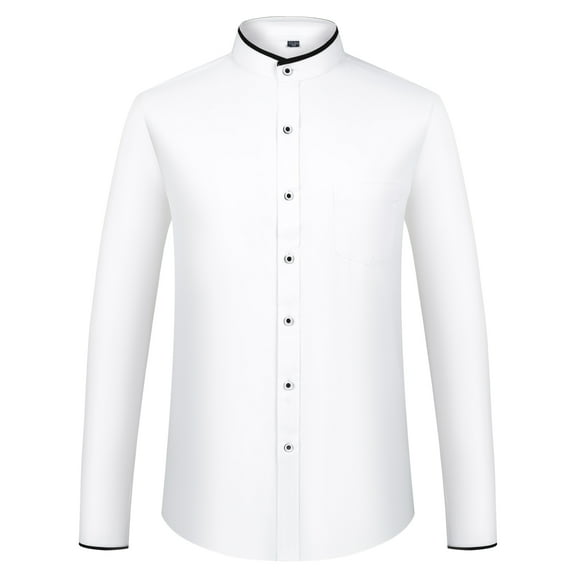 Men's Banded Collar Dress Shirts Long Sleeve Button Down Mandarin Collar Versatile Shirt Solid Shirt with Pocket