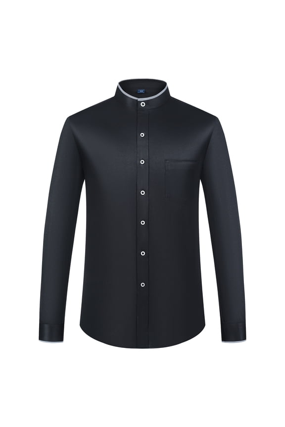 Men's Banded Collar Dress Shirts Long Sleeve Button Down Mandarin Collar Versatile Shirt Solid Shirt with Pocket