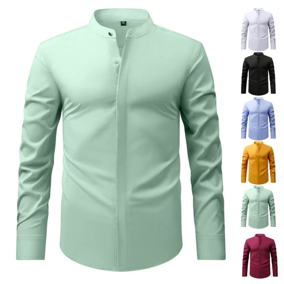 Men's Banded Collar Dress Shirts Long Sleeve Button Down Shirt Casual Solid Formal Regular Fit Blouse Business Work Tee