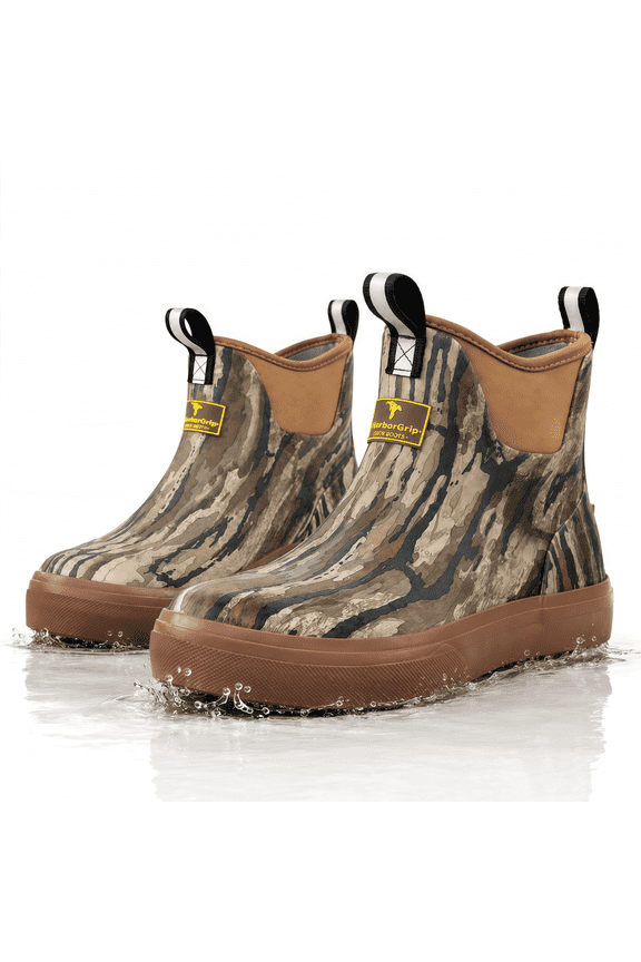 Men's Bark Camo Waterproof Ankle Deck Boots, Slip-On Rubber Fishing Rain Boots with Textured Grip for Boating, Gardening, Yard Work and Wet Outdoor Activities