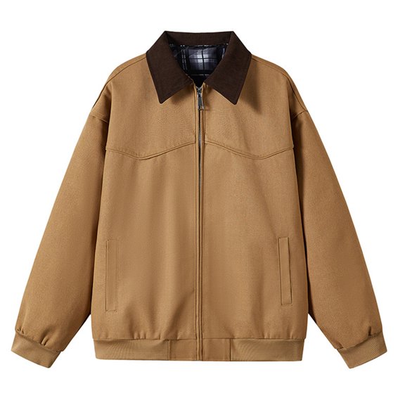 Men's Barn Jackets Contrast Lapel Solid Utility Cargo Jacket Lightweight Shacket Jackets, Zipped Bomber Jackets (Khaki XXL)