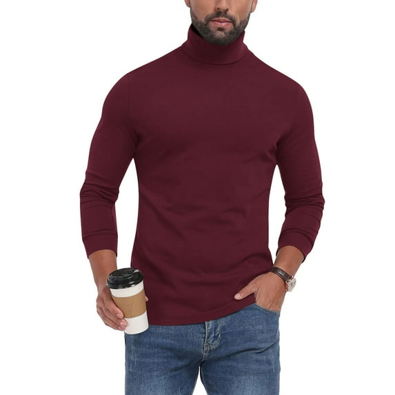 Men's Base Layer Shirt Long Sleeve Turtleneck Solid Pullover Tops Wine XL