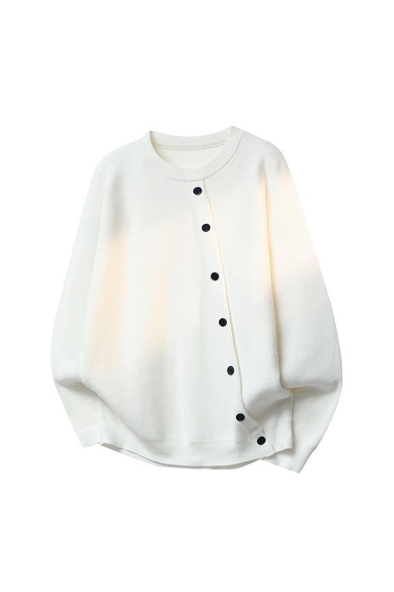 Men's Base Layer Sweater Long Sleeve Crewneck Button Ribbed Knitted Pullover Tops White XS
