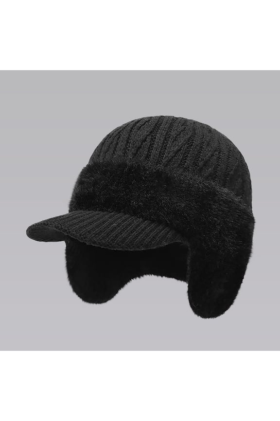 Men's Baseball Beanie with Ear Flaps, Thermal Fleece Lined Windproof Knit Hat for Outdoor Cycling, Skiing, Running and Cold Weather - Black