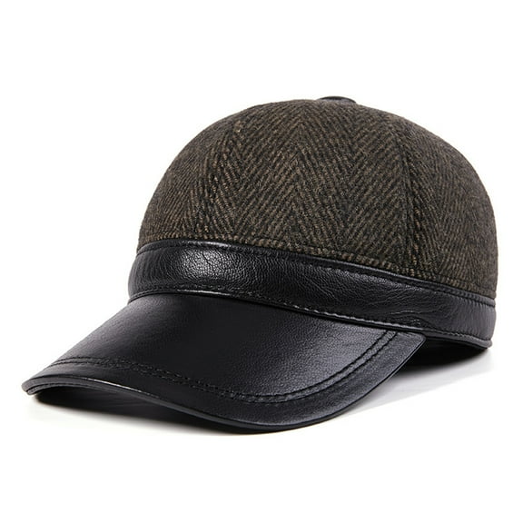 Men's Baseball Cap Real Leather Woolen Patchwork Mens Winter Hats Warm Herringbone Earflaps Dad Hat ,Fashion