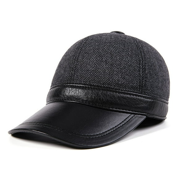 Men's Baseball Cap Real Leather Woolen Patchwork Mens Winter Hats Warm Herringbone Earflaps Dad Hat ,Fashion