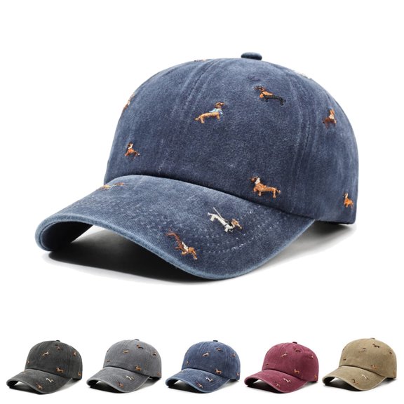 Men's Baseball Cap, Vintage Distressed Baseball Hat Embroidered Dachshund Pattern Ponytail Hats Adjustable Washed Soft-top Sun Hat for Women
