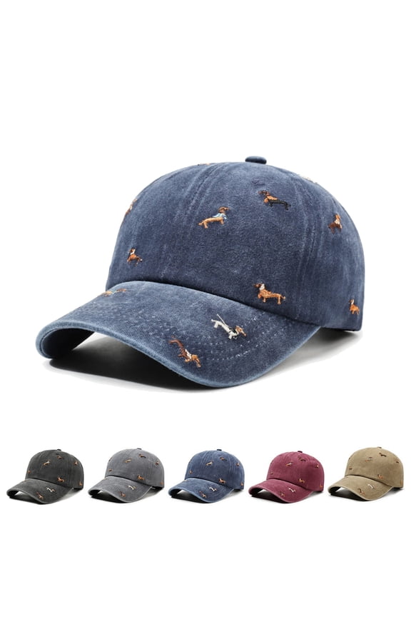 Men's Baseball Cap, Vintage Distressed Baseball Hat Embroidered Dachshund Pattern Ponytail Hats Adjustable Washed Soft-top Sun Hat for Women