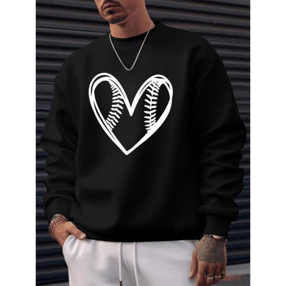 Men's Baseball Graphic Tee, Cute Outlined Heart Print T-Shirt, Long Sleeve Casual Top, Soft Streetwear ,Crew neck,Classic,cotton,black,S-3XL