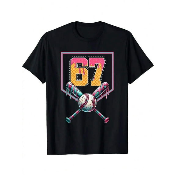 Men's Baseball Graphic Tee - Number 67 Design With Crossed Bats - Birthday Jersey Style Shirt - Black Baseball Lover Apparel - Loose Fit Casual Sports T-Shirt