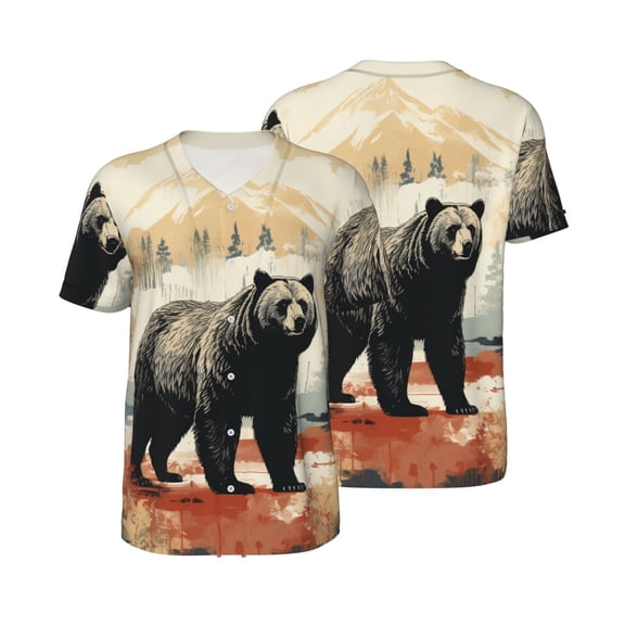 Men's Baseball Jersey Button Down Short Sleeve Hip Hop Fashion T-Shirt, Bear Rustic Lodge Southwestern