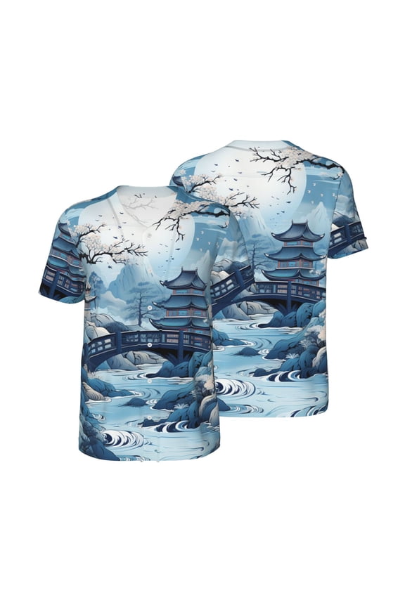 Men's Baseball Jersey Button Down Short Sleeve Hip Hop Fashion T-Shirt, Chinese Style Powder Chinoiserie Toile Blue