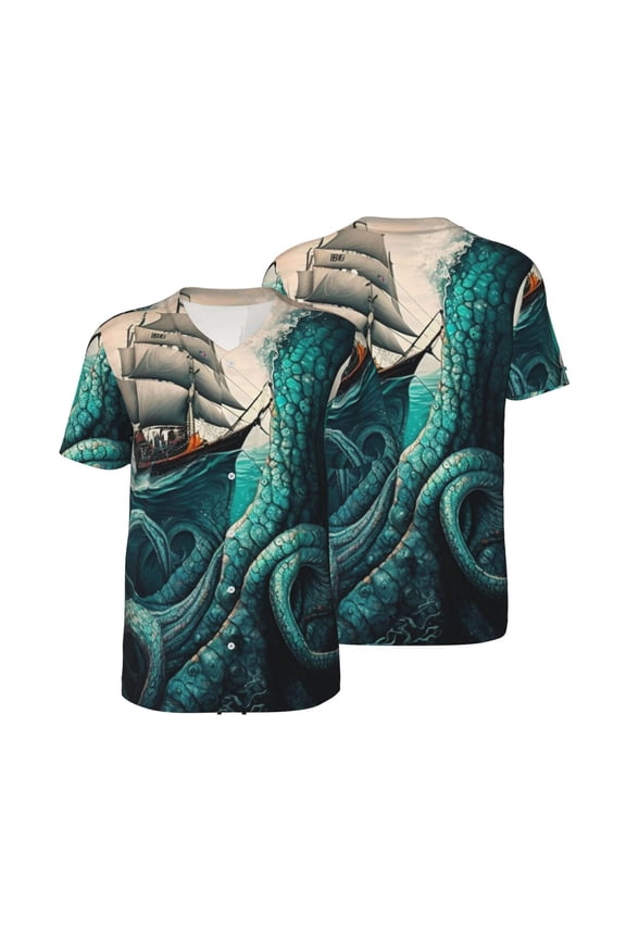 Men's Baseball Jersey Button Down Short Sleeve Hip Hop Fashion T-Shirt, Cool Octopus Monster Sail Boat Waves