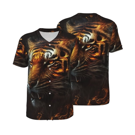 Men's Baseball Jersey Button Down Short Sleeve Hip Hop Fashion T-Shirt, Fire King Tiger Face Art