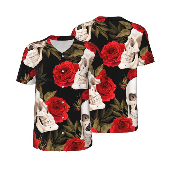 Men's Baseball Jersey Button Down Short Sleeve Hip Hop Fashion T-Shirt, Skulls Red Roses Raven