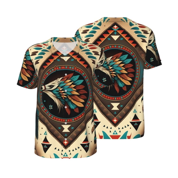 Men's Baseball Jersey Button Down Short Sleeve Hip Hop Fashion T-Shirt, Southwestern Feather Geometric Native American