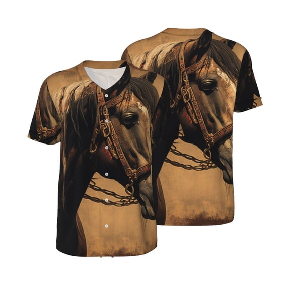 Men's Baseball Jersey Button Down Short Sleeve Hip Hop Fashion T-Shirt, Vintage Horse Western Retro