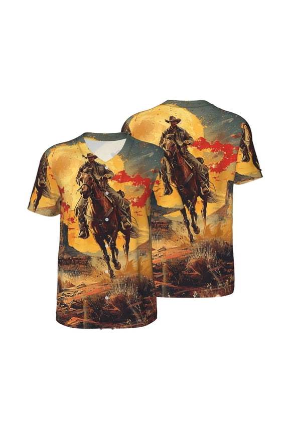 Men's Baseball Jersey Button Down Short Sleeve Hip Hop Fashion T-Shirt, Western Desert Cowboys Vintage Art