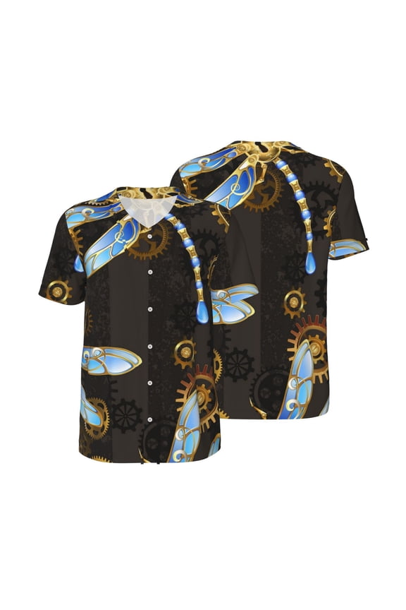 Men's Baseball Jersey Short Sleeve T Shirt 3D Summer Casual Tee Tops, Mechanical Dragonflies Gold Steampunk