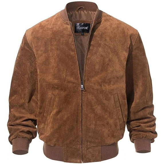 Men's Baseball Leather Jacket Vintage bomber Suede Jackets (2XL, Brown)
