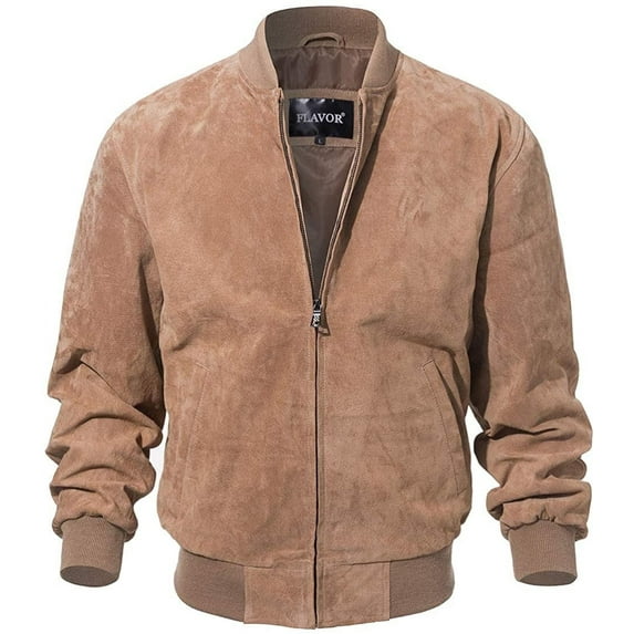 Men's Baseball Leather Jacket Vintage bomber Suede Jackets (S, Cognac)