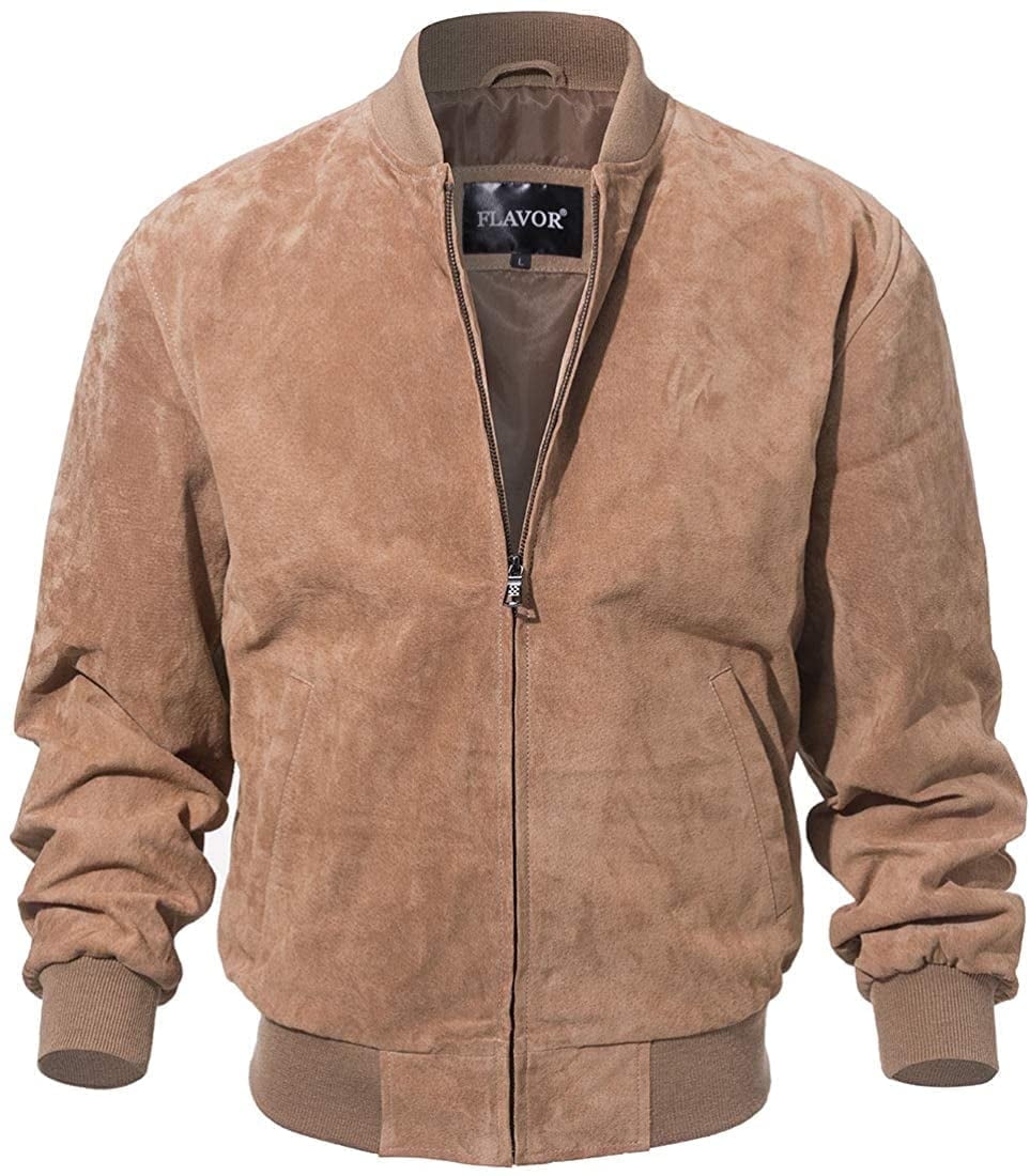 Men's Baseball Leather Jacket Vintage bomber Suede Jackets (S, Cognac)
