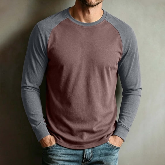 Men's Baseball Style Crew Neck Tops, Long Sleeve Soft Jersey Feel Pullover Tee Shirts for Casual Everyday Wear(Coffee,XXL)