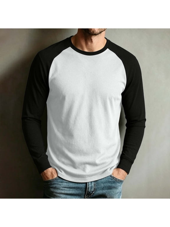 Men's Baseball Style Crew Neck Tops, Long Sleeve Soft Jersey Feel Pullover Tee Shirts for Casual Everyday Wear(White,XL)