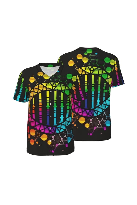 Men's Baseball T-Shirt Button Down Short Sleeve Tee Athletic Team Uniform, DNA Rainbow LGBT Pride Science