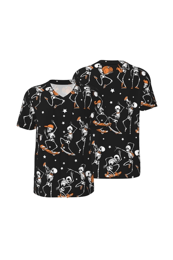 Men's Baseball T-Shirt Button Down Short Sleeve Tee Athletic Team Uniform, Dancing Skateboarding Skull Skateboard
