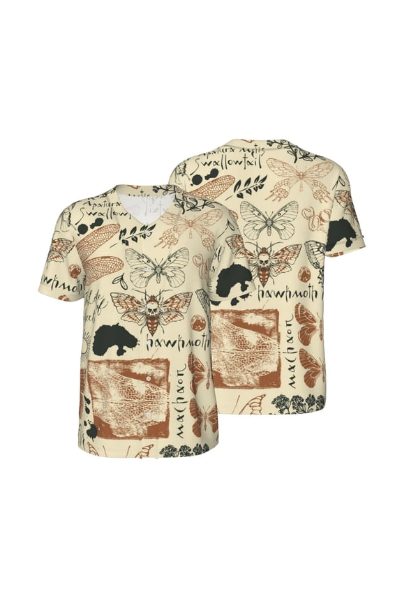 Men's Baseball T-Shirt Button Down Short Sleeve Tee Athletic Team Uniform, Dragonfly Moth Vintage Butterfly