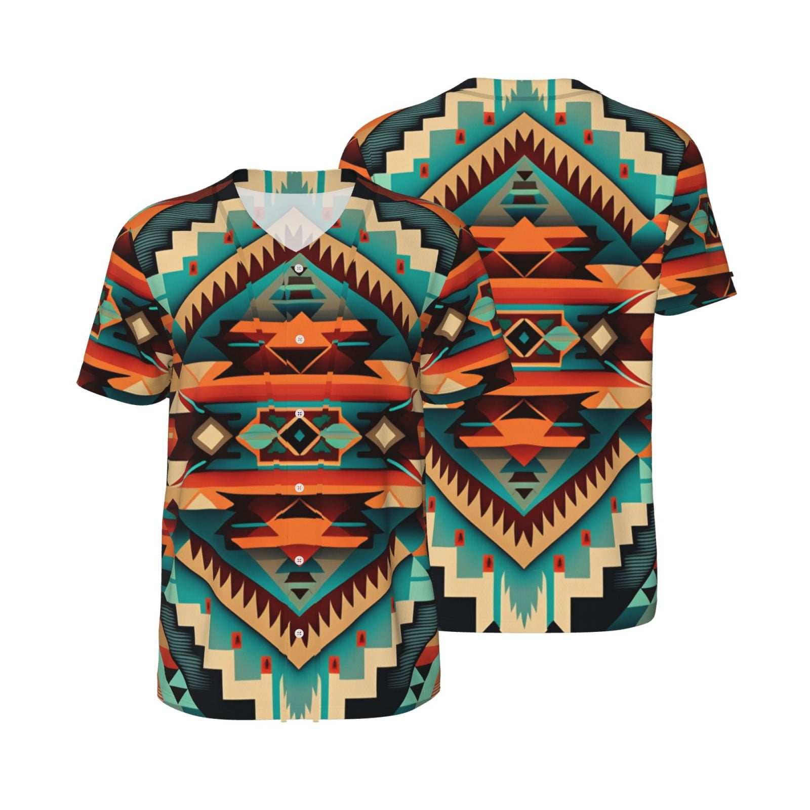 Men's Baseball T-Shirt Button Down Short Sleeve Tee Athletic Team Uniform, Ethnic Geometric Navajo Native American Tribal Abstract