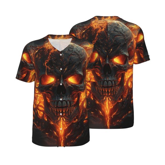Men's Baseball T-Shirt Button Down Short Sleeve Tee Athletic Team Uniform, Fire Skull Gothic Cool