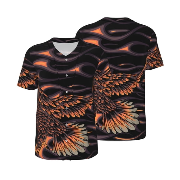 Men's Baseball T-Shirt Button Down Short Sleeve Tee Athletic Team Uniform, Flaming Eagle Fire