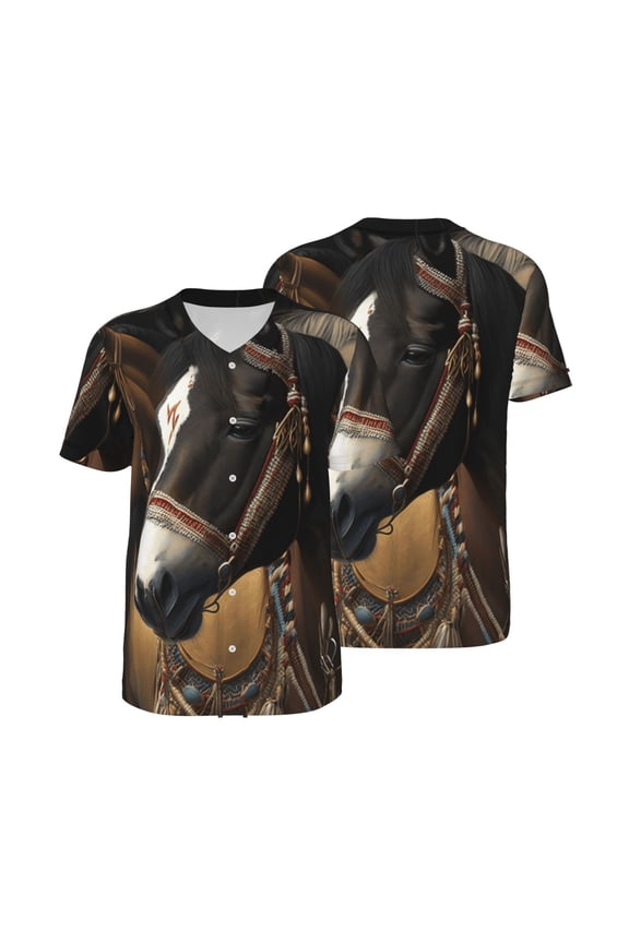 Men's Baseball T-Shirt Button Down Short Sleeve Tee Athletic Team Uniform, Indian Horses Native American