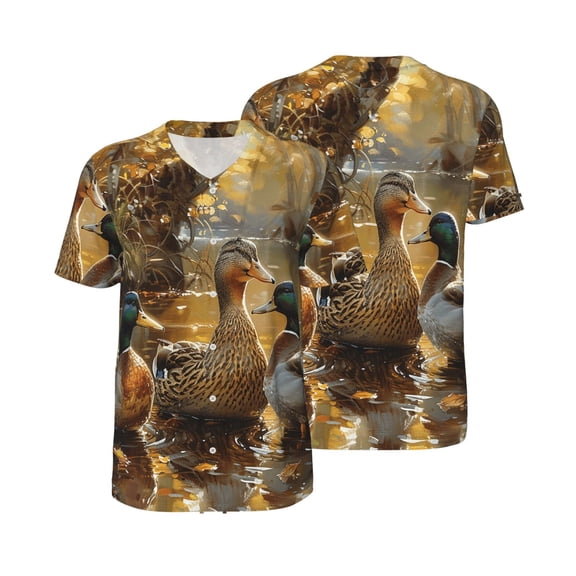 Men's Baseball T-Shirt Button Down Short Sleeve Tee Athletic Team Uniform, Mallards Duck Cute Hunting Art