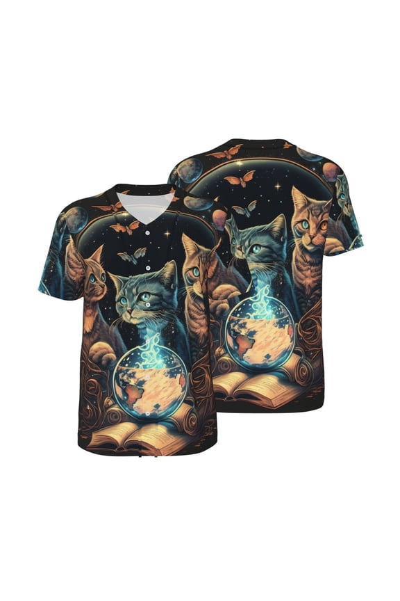 Men's Baseball T-Shirt Button Down Short Sleeve Tee Athletic Team Uniform, Retro Magic Cats Cool Cat