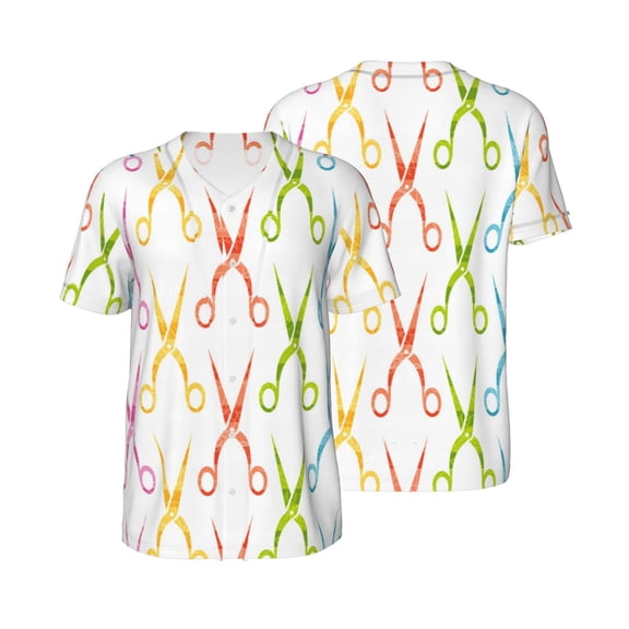 Men's Baseball T-Shirt Button Down Short Sleeve Tee Athletic Team Uniform, Scissors Hair Stylist Salon Vintage