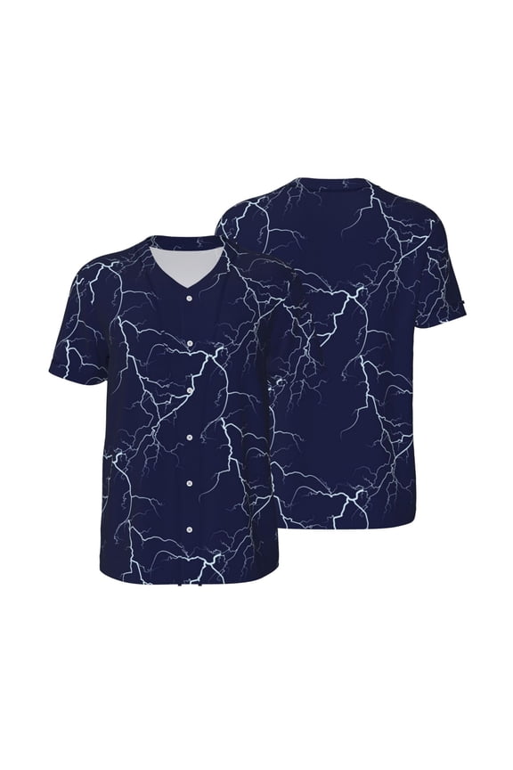 Men's Baseball T-Shirt Button Down Short Sleeve Tee Athletic Team Uniform, White Lightning Thunder