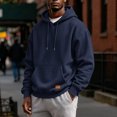 thumbnail image 1 of Men's Basic Baggy Hoodie, Long Sleeve Drawstring Hooded Sweatshirt, Fall Solid Color Casual Loose Fit Pullover with Pocket Navy L, 1 of 6