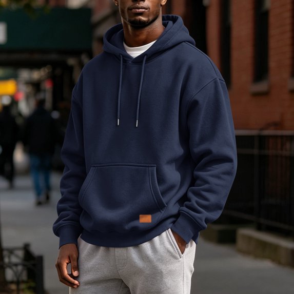 Men's Basic Baggy Hoodie, Long Sleeve Drawstring Hooded Sweatshirt, Fall Solid Color Casual Loose Fit Pullover with Pocket Navy L